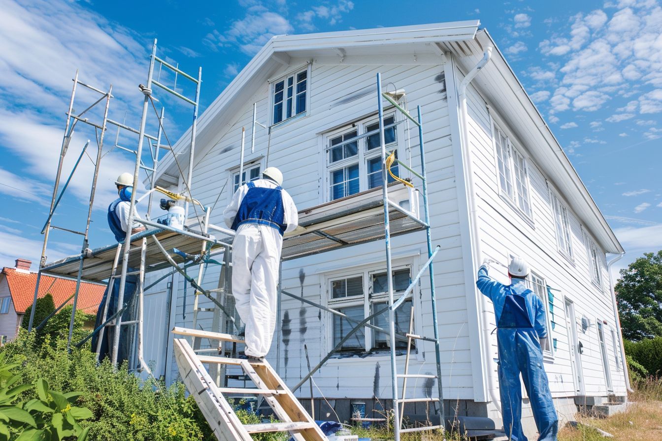 Målare från Petersbygg målar en villafasad från ställning