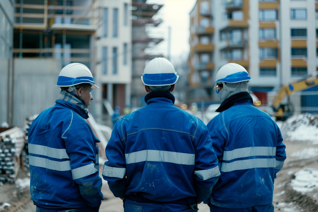 Petersbyggs team av byggarbetare på en byggarbetsplats i Finja