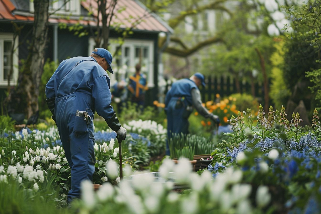 Trädgårdsanläggare från Petersbygg planterar i en blommande trädgård
